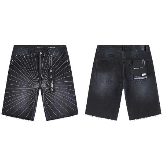 Black Washed Denim Shorts with Sunburst Stitch Pattern and Raw Hem